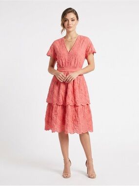 Women’s Coral Tiered Eyelet Flutter Sleeves Dress